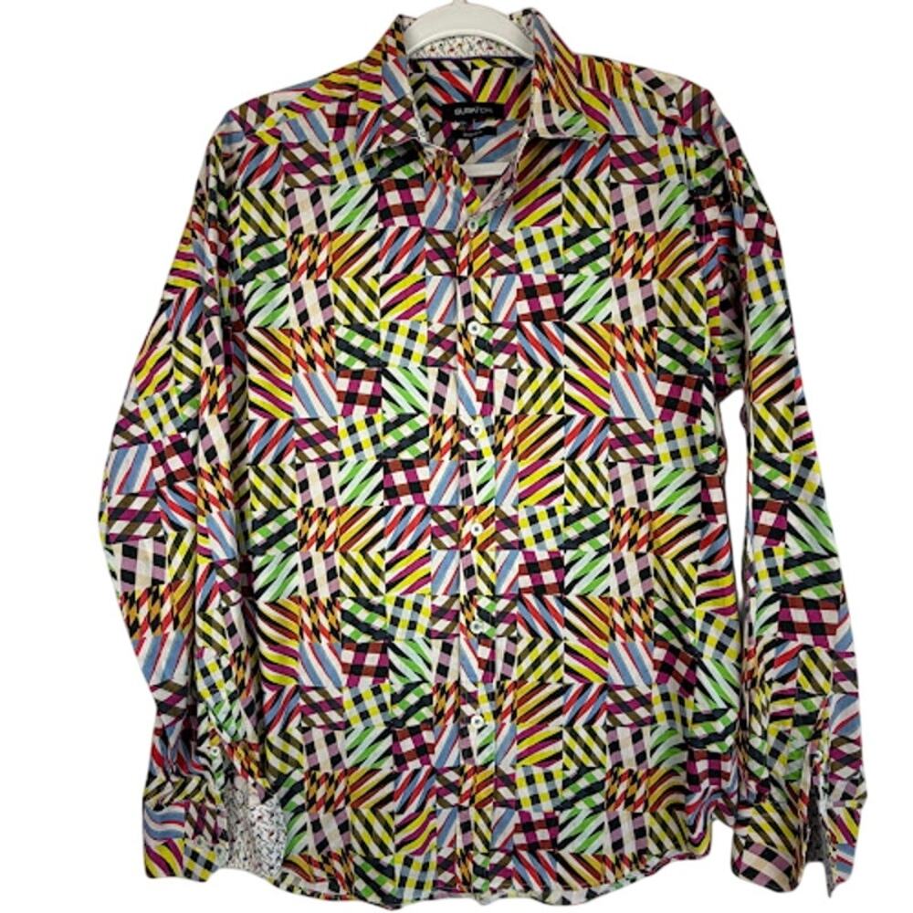 Bugatchi Performance Shirt Men XL Multi Geometric AOP Flip Cuffs Classic Fit